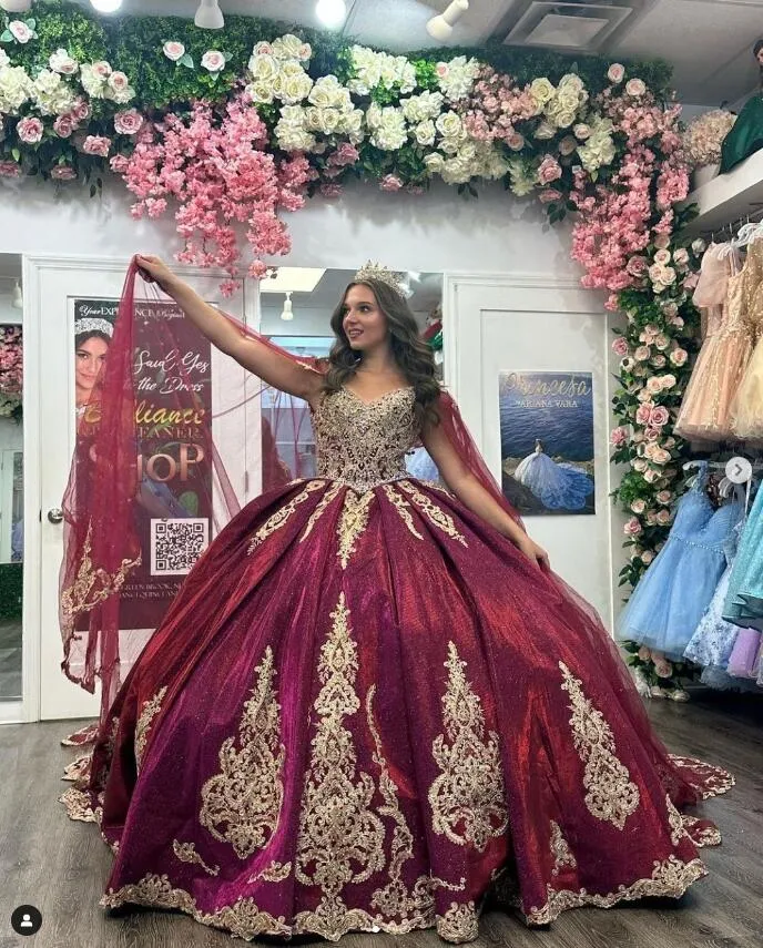 Burgundy Gillter Princess Quinceanera Dresses With Cape Sequins Skirt Applique Lace Up Corset Vestidos De 15 Quinceaneras Charro From 192 76 DHgate