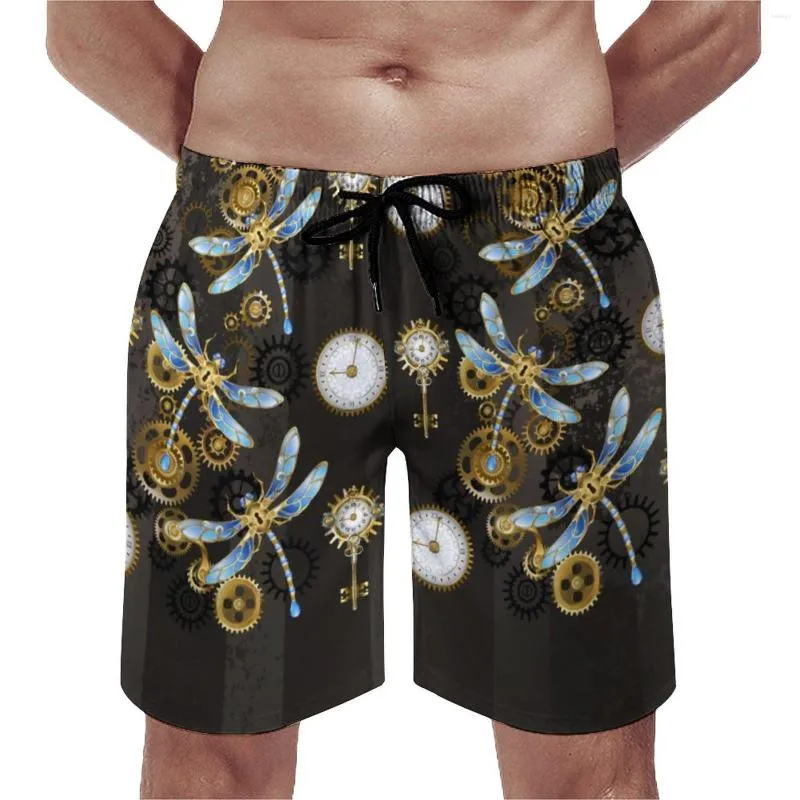 Shorts masculinos steampunk libélulas do quadro de homens curtos estampas listradas marrons troncos de natação superdimensionados