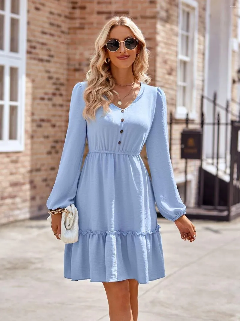 Casual Dresses GCAROLWomen's V-neck High Elastic Waist Ruffles Mid-Length Dress Long Sleeve Buttons Decoration In 4 Season