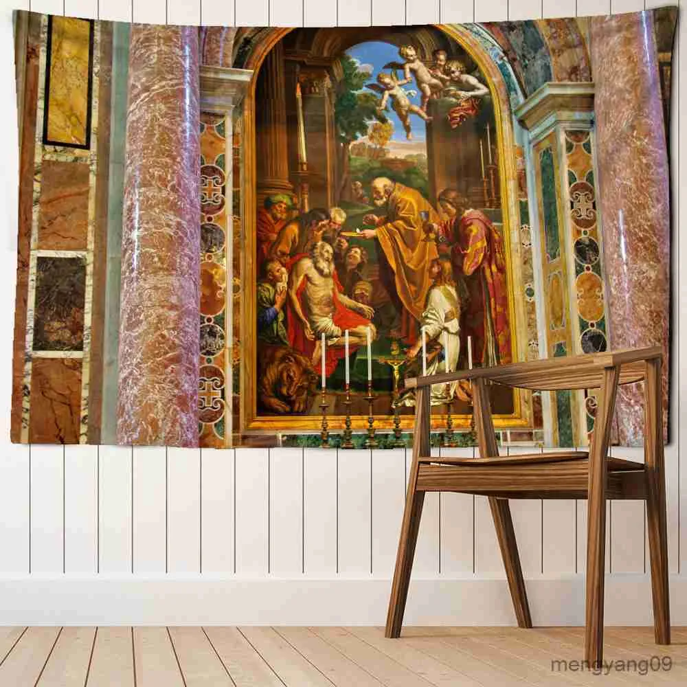 タペストリーヨーロッパ教会タペストリーウォールハンギングクリスチャンレトログラフィティテーブルマットヒッピーアートホームルーム装飾R230815