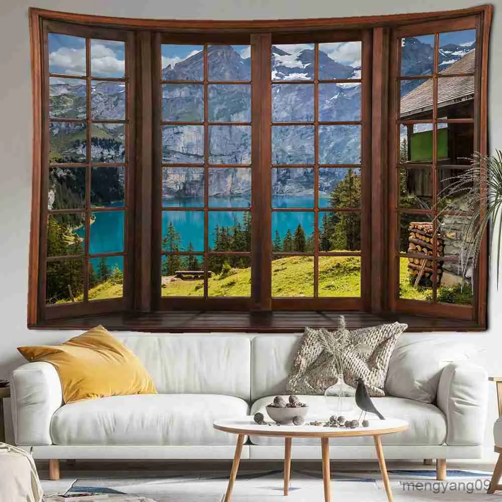 タペストリーズ山と川の窓の風景タペストリーウォールハンギングナチュラルアートシーンルームの装飾背景生地R230815
