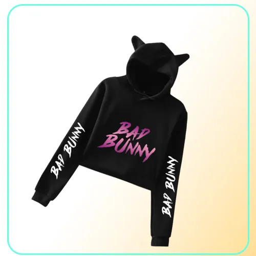 Rapper Hip Hop Bad Bunny Crop Top Hoodie Long Sleeve Harajuku Cropped Sweatshirt Kawaii Cat Ear Pullover Women Tops Streetwear3390598