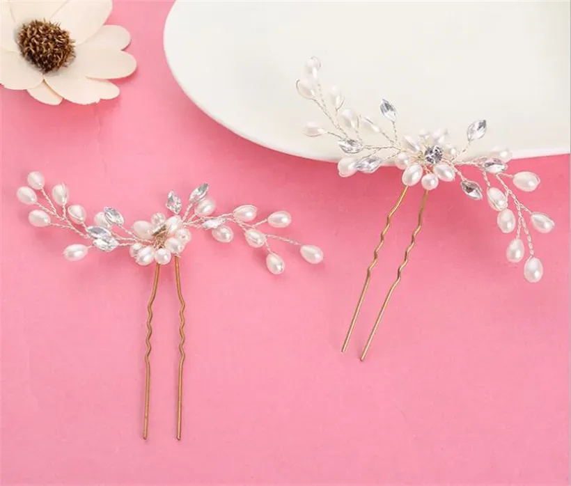 Wholesale Wedding Bridal U Pins Headpiece Pearl Hair Accessories Clip Gold Crystal Rhinestone Pieces Princess Queen Crown Tiara Jewelry