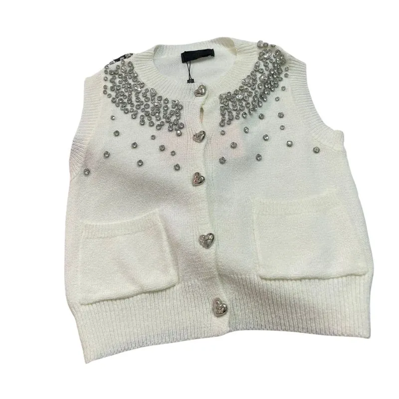 23 FW kvinnors tröjor stickor Cardigan Vest Designer Tops med brevknappar Rhinestone Luxury Brand Crew Neck Designer Crop Top High End Elasticity Outwear Jackets