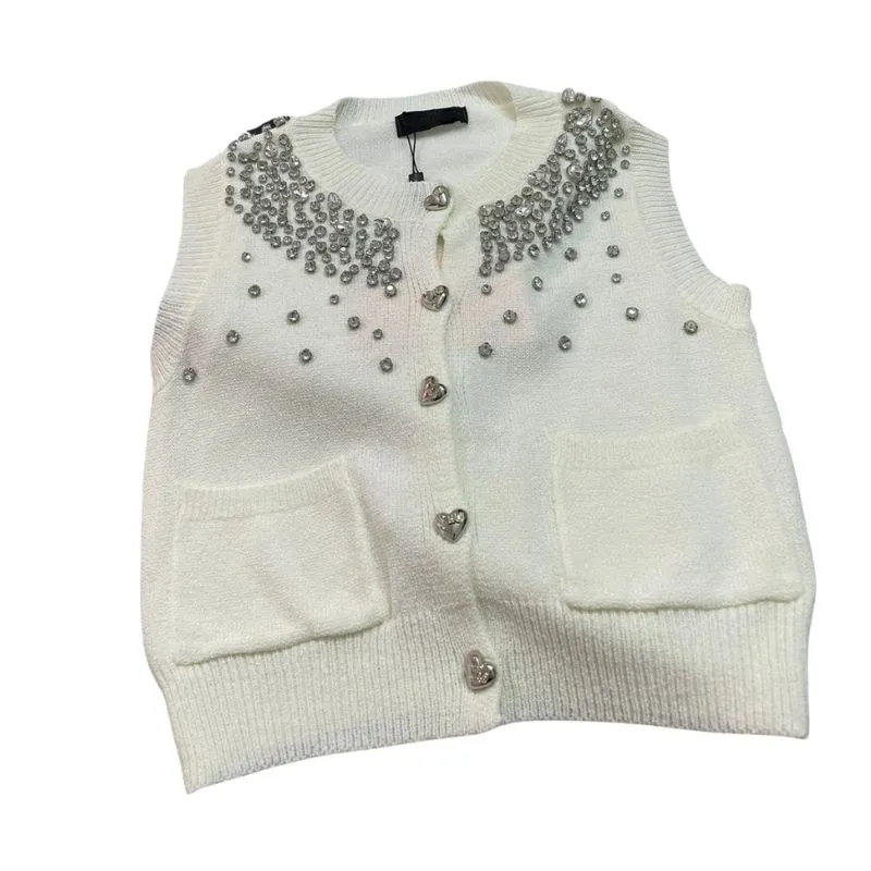 23 FW dames truien breien Cardigan Vest Tops met letter knoppen Rhinestone Brand Crew Neck Designer Crop Top top high -end elasticiteit uit het deler Jackets