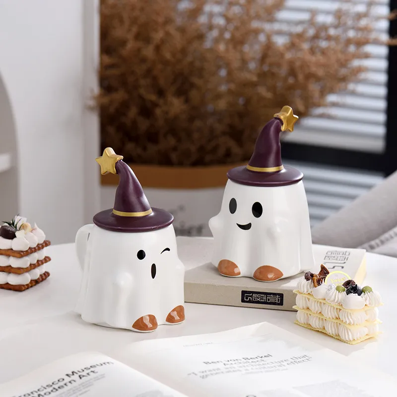 Mugs 320ml Cute Halloween Ghost Shape Mug Japanese Cartoon Kawaii Elf Ceramic Creative Home Kitchen Drinking Utensils 230815
