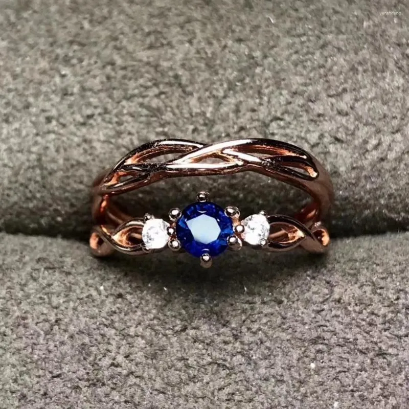 Ringos de cluster moda elegância duplo dois usa anel de safira azul natural S925 Silver Gemstone Girl Jóias de festa feminina