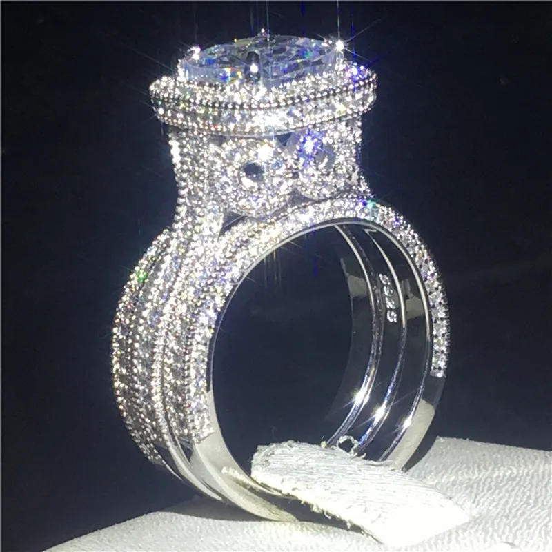 Pierścienie ślubne Vintage 3in1 Diamond CZ Zestawy Ring 925 Srebrna biżuteria Obietnica Zespół zaręczynowy dla kobiet Party Bijou 230814