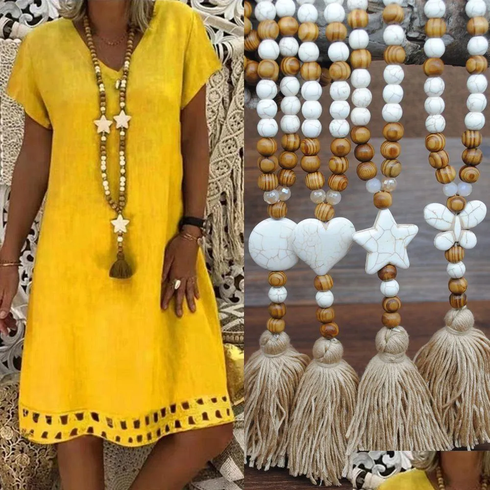 Подвесные ожерелья женская бохеймская мода с длинными цепными деревянными бусинками для кисточки колье бабочка