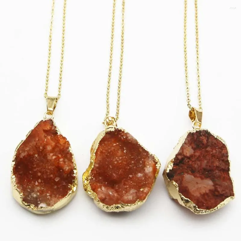 Pendant Necklaces Natural Raw Ore Stone Druzy Orange Irregular Onyx Agate Gilt Edge Stainless Steel Chain Necklace Charms Jewelry Gift 1Pc