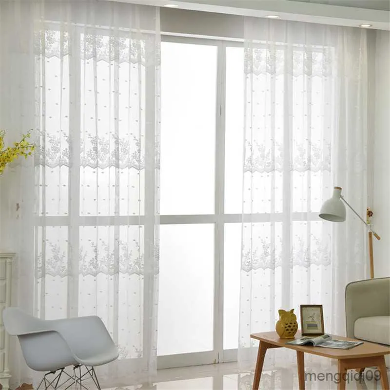 Cortina de cortina de renda branca cortinas de tule floral transparente para a sala de estar janela de quarto european cozinha cortina cortina r230815