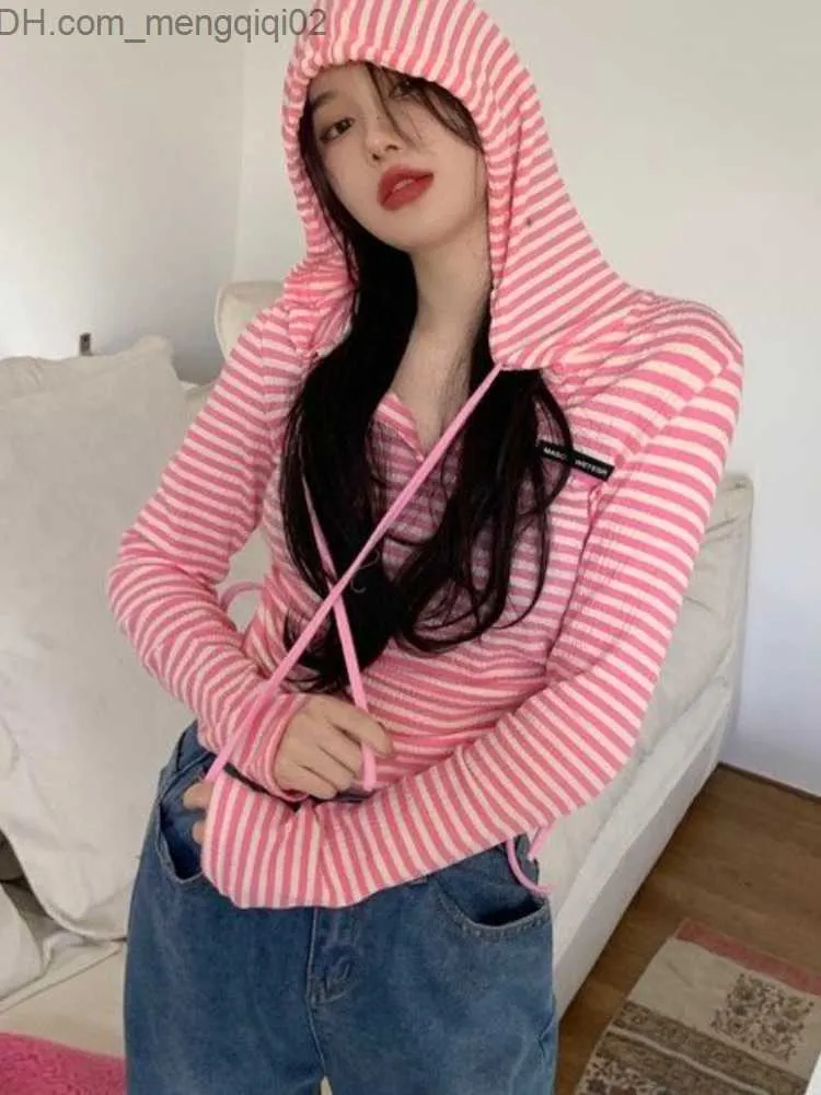 Mäns hoodies tröjor Houzhou Retro Harajuku Y2K Style Hoodie Women's 2023 Korean Fashion Sexig Casual Kay Sweet Street Suit Randig Sweatshirt Z230815