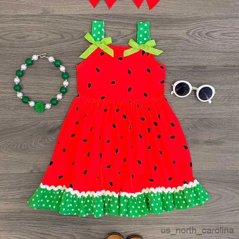 Flickans klänningar Baby Girls Summer Dress Princess Watermelon Printed Dot Sleeveless Patchwork Dress with Bow Kid Clothing R230815