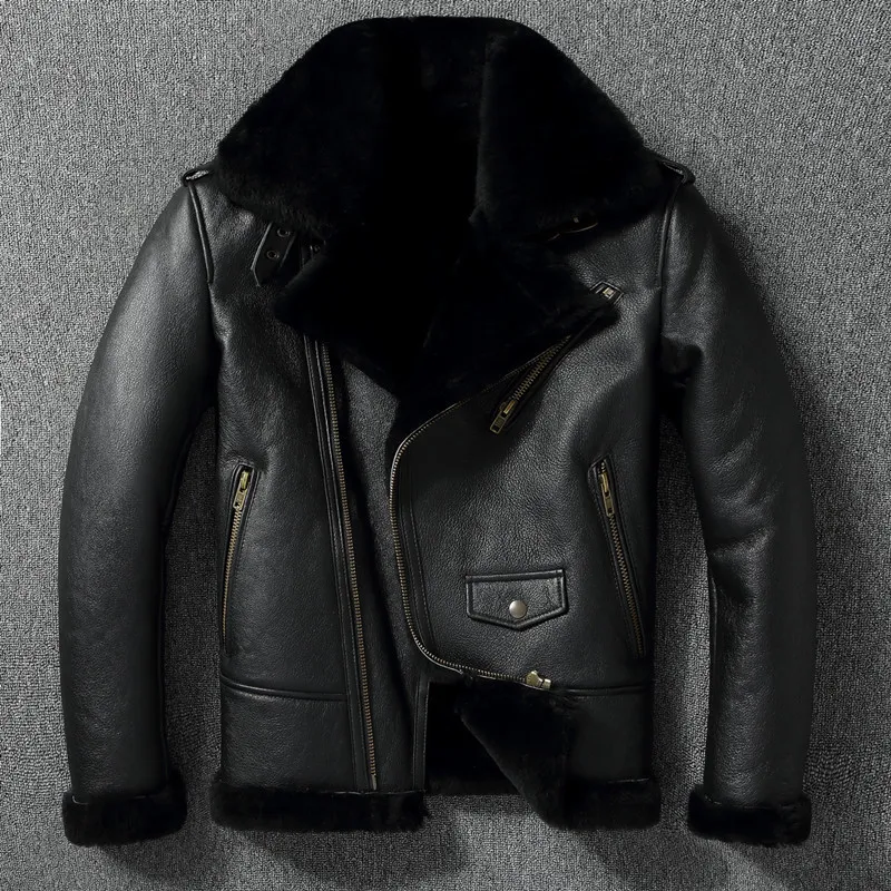 Mens Thick Wool Wool Diagonal Zip Fur Collar Black Leather Shearling Coat European Size 230814 From You03 553.44 DHgate.Com