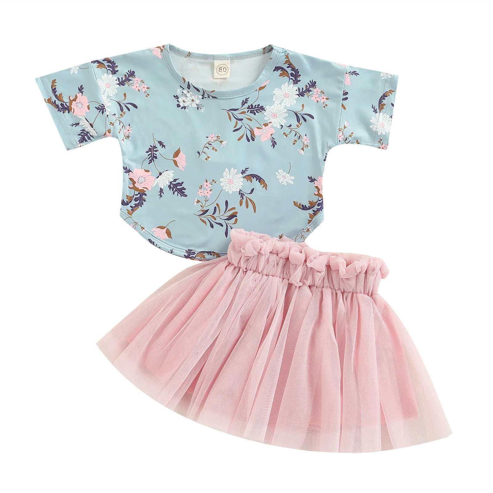 Conjuntos de roupas para bebês de 0 a 3 anos, 2 peças, conjunto de roupas de manga curta, camisa floral, top, saia de renda