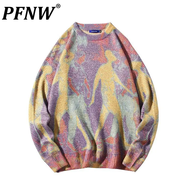 Herentruien PFNW Autumn Heren Y2K Niche Design 3D Round Neck Sweater Jeugd Fashion Graffiti Printing Dyeing Cartoon Pullovers 12Z1642 230814