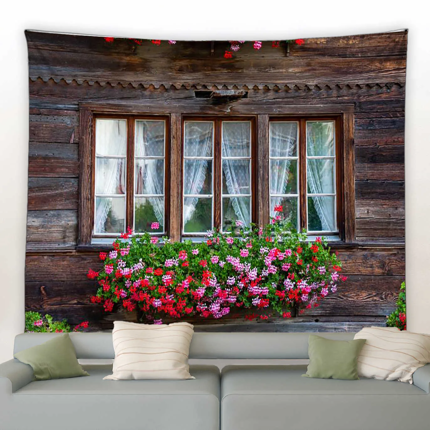 タペストリーフェンスピンクの花タペストリー窓花庭園自然植物壁ぶら下がっているモダンホームリビングルームパティオ装飾