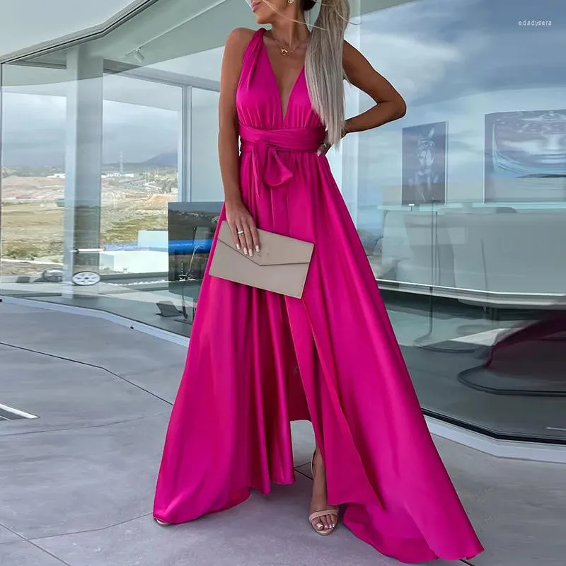 Casual jurken zomer stevige kleur taille lange jurk elegant off schouder veter satijnen feest mode mouwloze splitavond