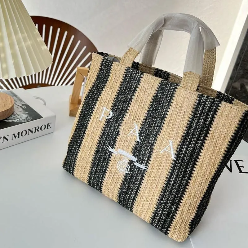 DHgate Striped Straw Tote Bag for Women Designer Crochet Handbag Luxury Summer Shopping Purse Triangle Shoulder Handbag a2 Bags Luggage Accessories