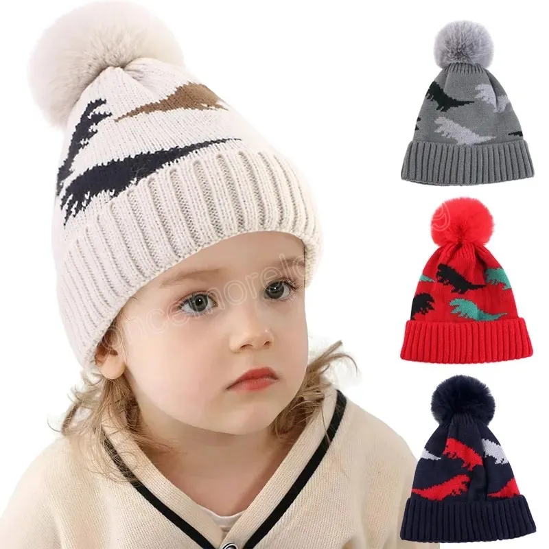 Nya vinter varma barn stickade hatt småbarn pojkar dinosaurhatt söt pompom baby förtjockad mössa barn flickor hattar bonnet gorras