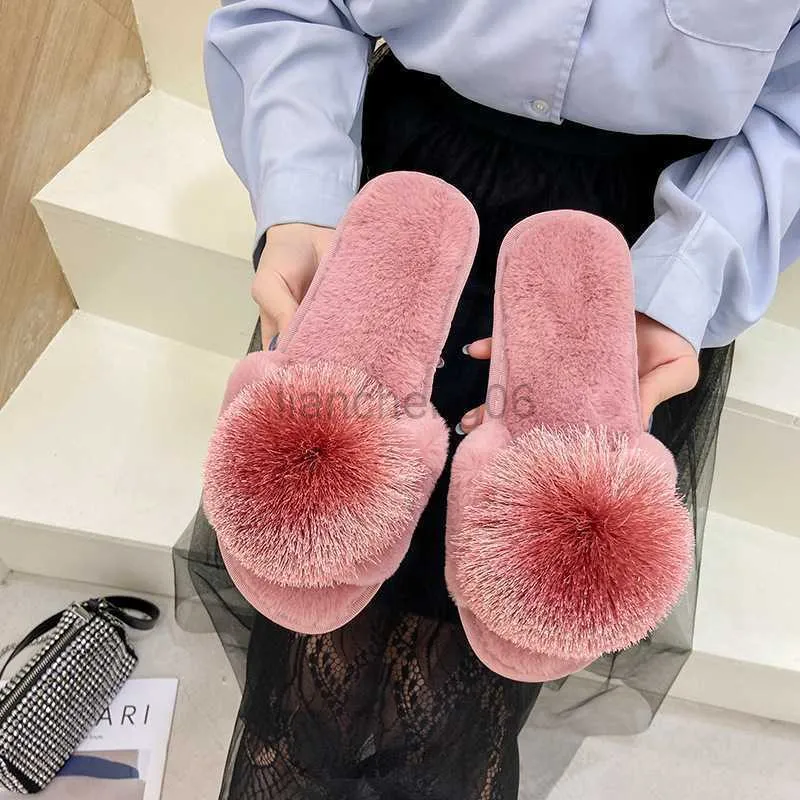 Slippers Women Slippers Women's Fur Ball Flip Flops Non-slip Indoor Plush Flat Floor Slippers Open Toe Casual Cotton Slippers Pantofole X230519