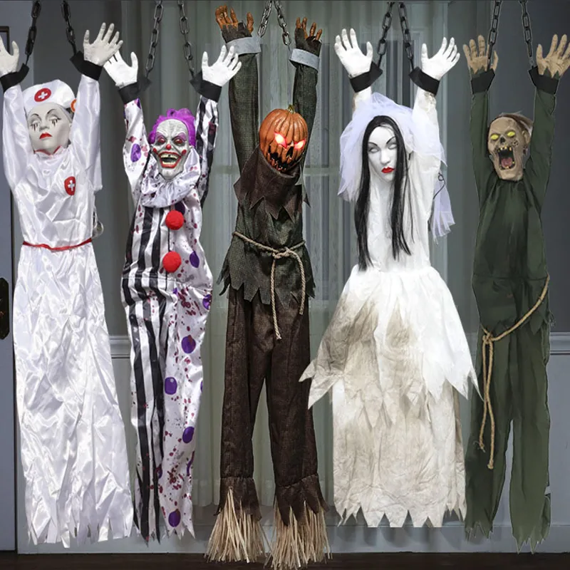 Andra evenemangsfestleveranser Halloween Decoration Style Electric Toys Hanger Clown Nurse Witch Voice Control Horror Props 230815