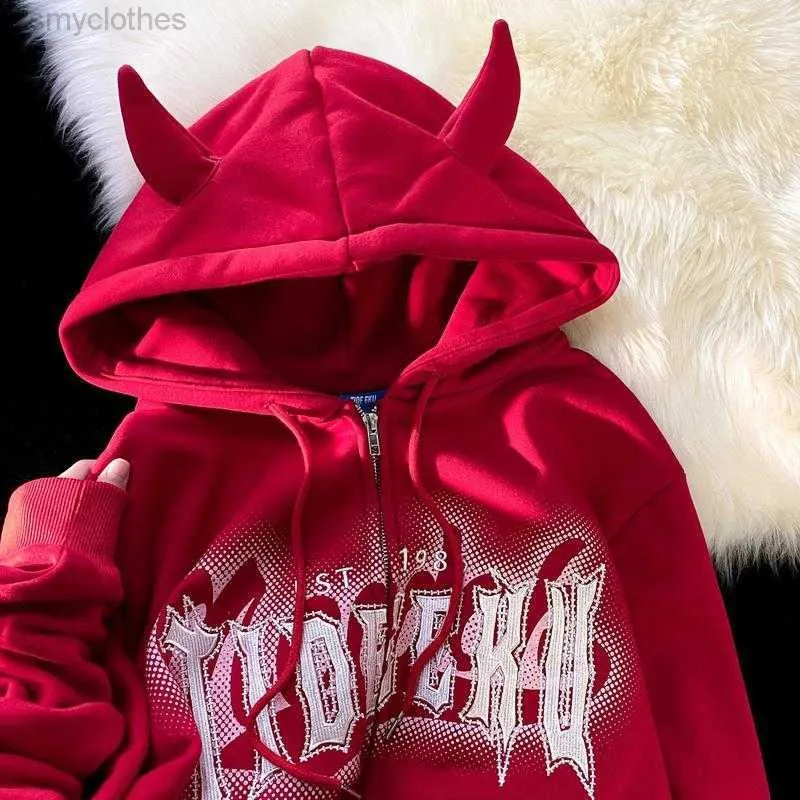 Heren Hoodies Sweatshirts Harajuku Brand Letters Print Kawaii Horn Devil Zip Up Hoodie Jackets Teenage Paren oversized Sweatshirt Coats Hip Hop Street