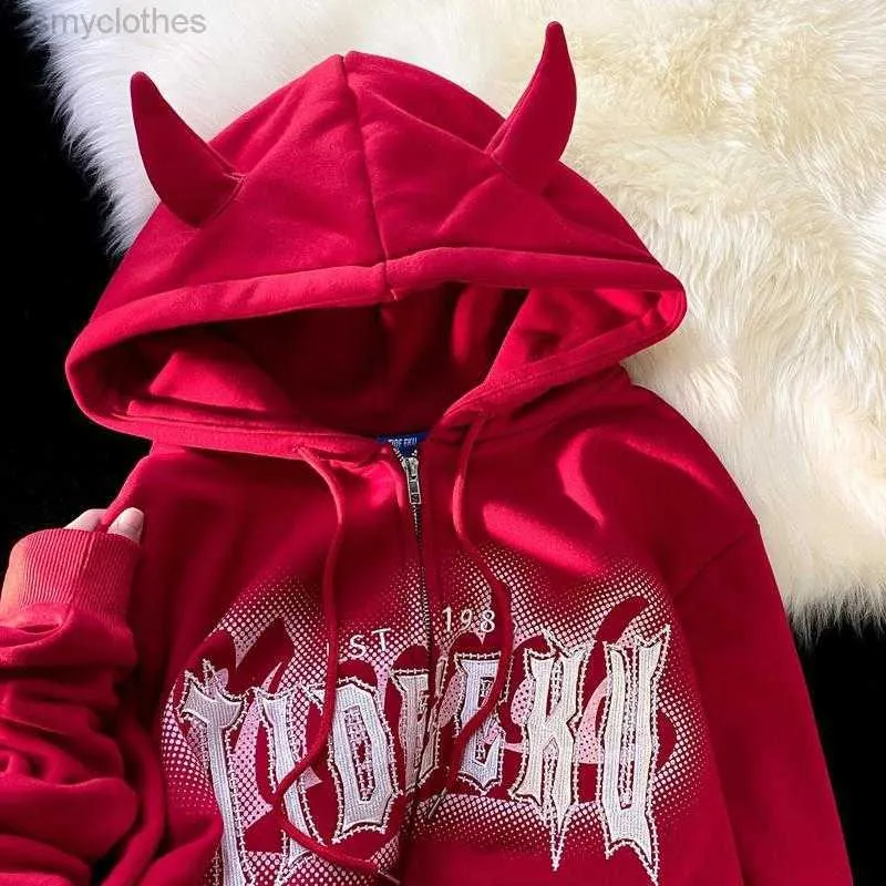 Men's Hoodies Sweatshirts Harajuku Brand Letters Print Kawaii Horn Devil Zip Up Hoodie Jackets Teenage Couples Oversized Sweatshirt Coats Hip Hop Street