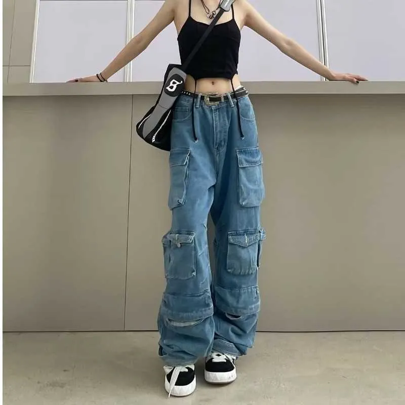 European Station 2023 Workwear Pants High Waist Pants Street Trendy Multi Pocket Wide Leg Tie Dyed Jeans