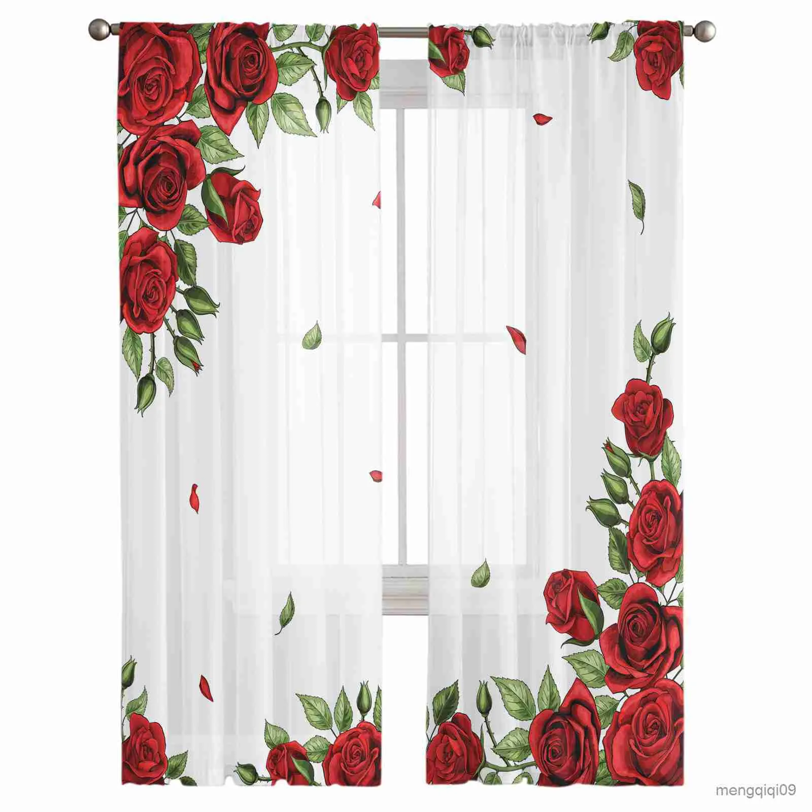 Gordijn Valentijnsdag Rose Red Flowers TULLE Gordijn Woonkamer Luxe Sheer Curtain Home Decor Chiffon Drapes Gauze raam Gordijn R230815