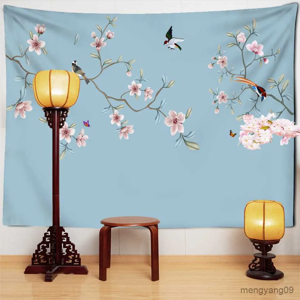 Tapisserier Blomma och fågelmålning Fresh Tapestry Wall Hanging Enkel kinesisk stil sovsalrum Dekor R230815