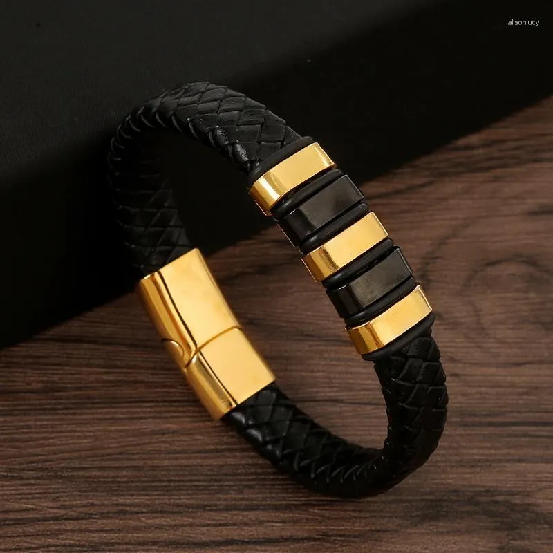 Braccialetti di fascino braccialetto a catena in pelle genuina per uomo chiusura magnetica in acciaio inossidabile in oro placcato gioielli esclusivi regalo all'ingrosso