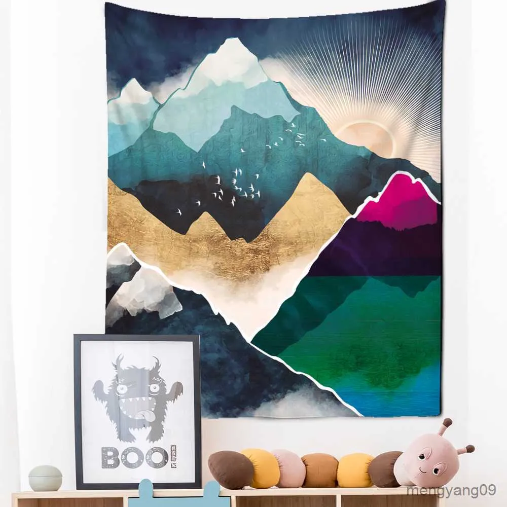 Tapestries Sun Moon Mountain River Ink Painting Tapestry Wall Hanging Hippie Aesthetics Room Art Home Decor R230815