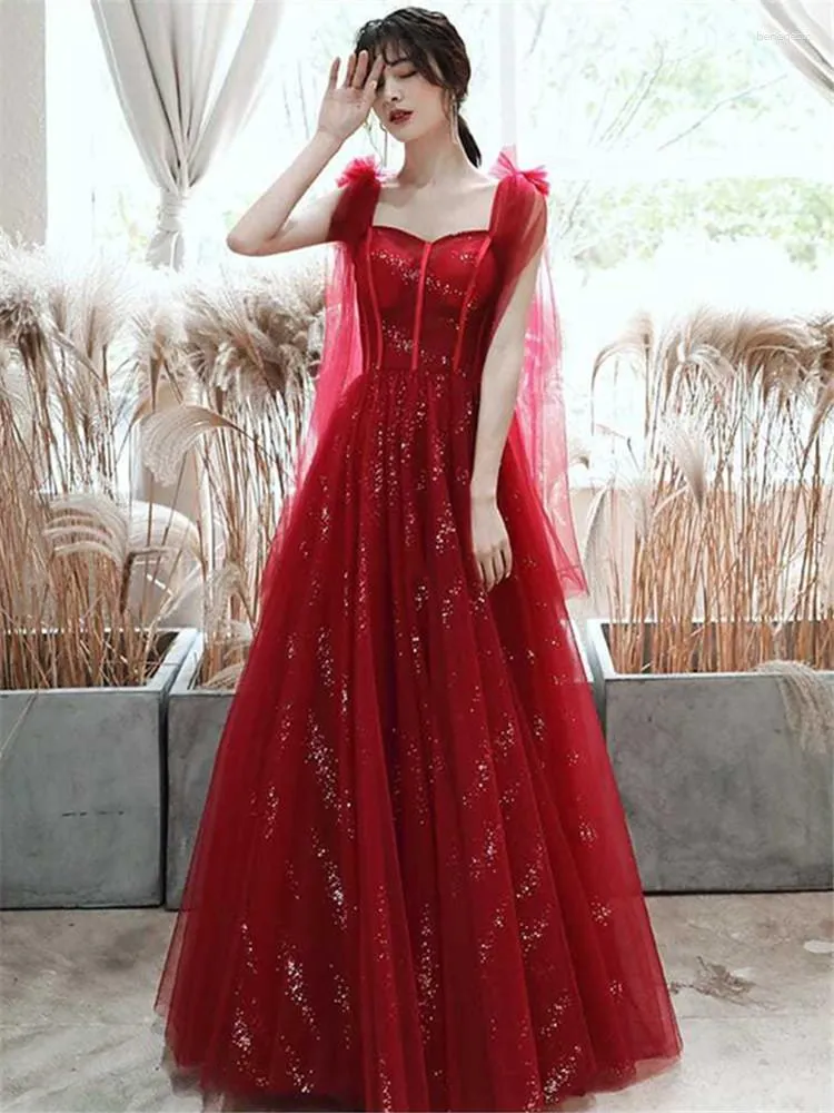 Casual Dresses Wine Red Dress Women's Summer Solid Color Sequined Long A-line kjol Fashion Slim Female Clothing M128