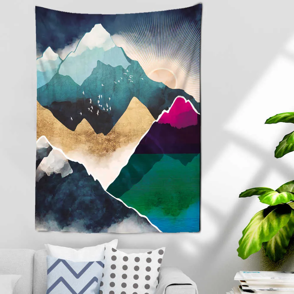 Tapisseries soleil lune montagne rivière peinture à l'encre tapisserie murale suspendue Hippie esthétique chambre Art décor à la maison