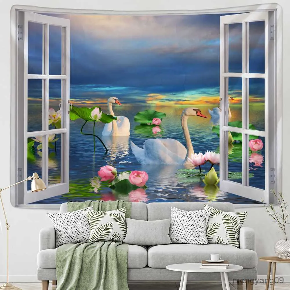 Wandteefenster Landschaft Tapisserie Wand Hanging Tropical Tree Seaside Art Hippie Schlafsaal Home Decor R230815