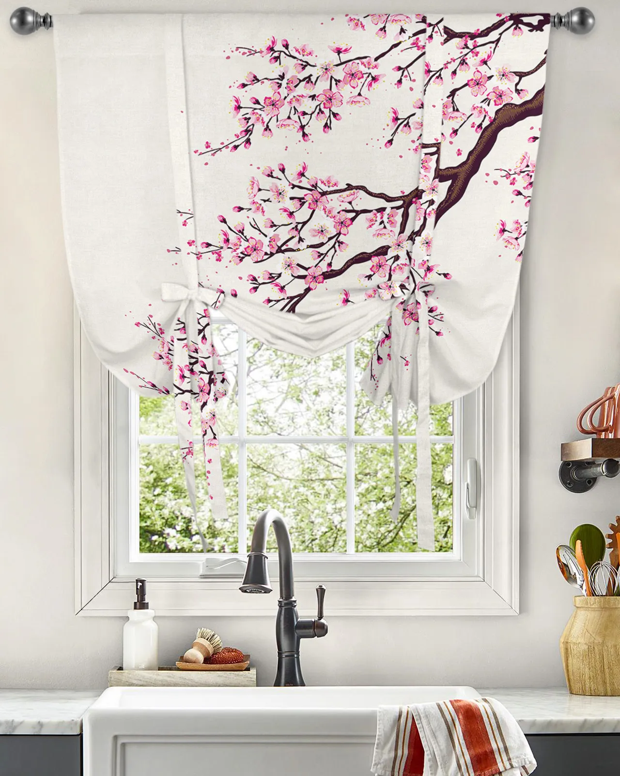 Pure gordijnen Japanse stijl sakura raam gordijn voor woonkamer slaapkamer balkon café keuken tie -up roman 230815