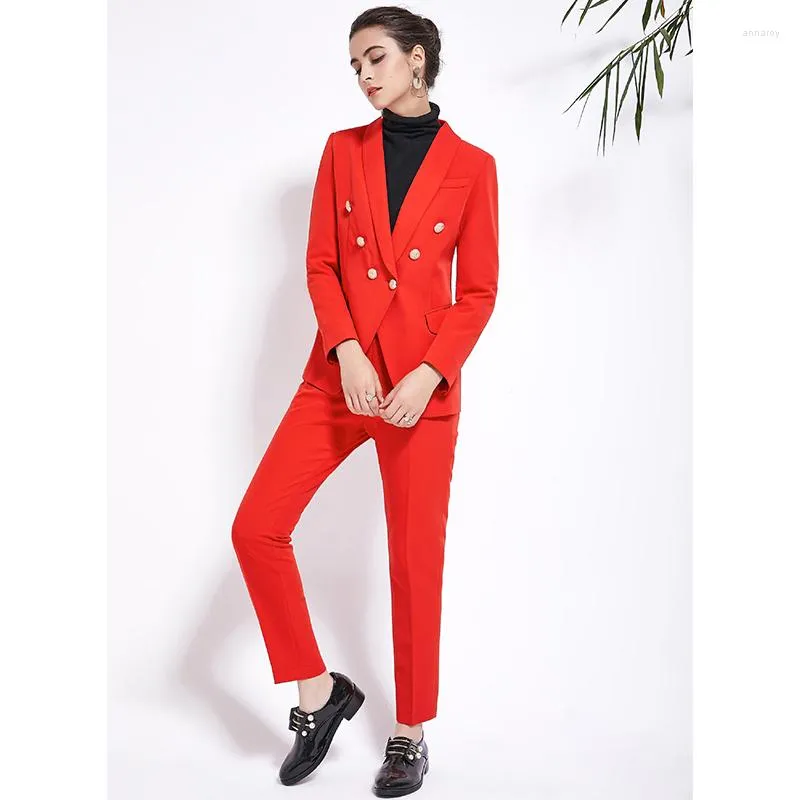 Kvinnors tvådelade byxor 2023 Design Womens Suit Red Pink Office Business Double Breasted Button Blazer Set Formal Suits Autumn