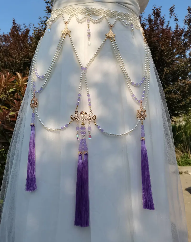 Inne modne akcesoria paski długie Tassel Pearl TALIST ORYGINALNY Tang Dynastia Chińska retro Hanfu Akcesoria za antyki dla kobiet 230814