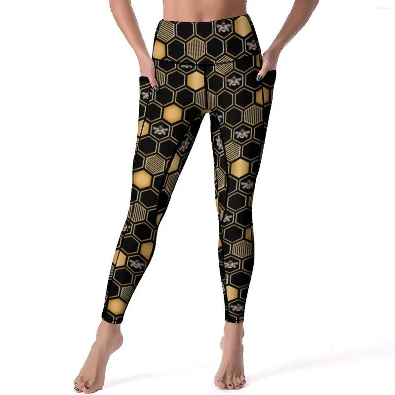 Women's Leggings Bees Print Yoga Pants Sexy Honeycomb Geometric Printed Push Up Fitness Leggins Women Funny Stretch Sports Tights