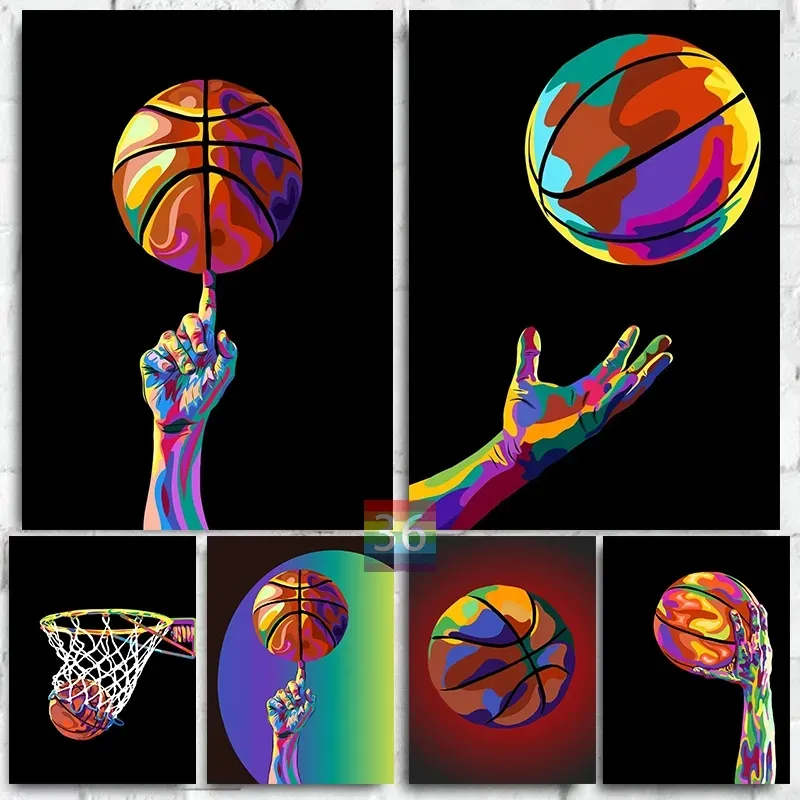 Canvas Pintura Esporte Basquete Pop Art Cor abstrato Poster de basquete e impressões Arte da parede Picture Morden Pop Art Wall Boys Bedroom Room Decor Wo6