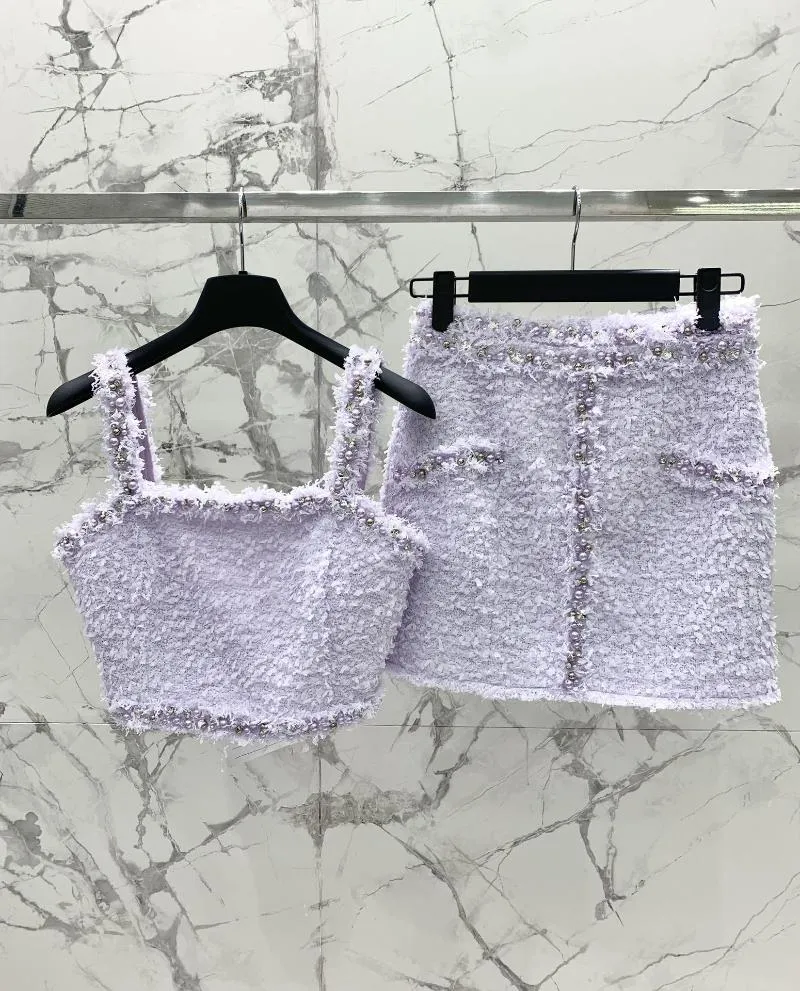 ワークドレス夏と秋2023年ウール紫色のビーズ装飾3D切断ラップスカートマッチングキャミソールセット0721