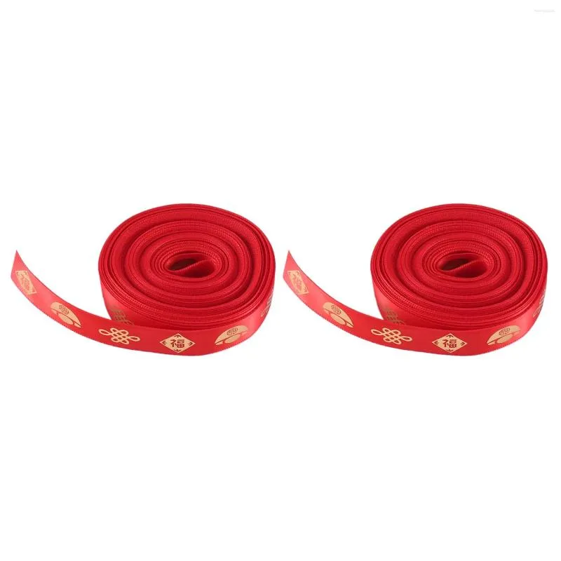 Decorative Figurines 2 Pcs Red Polyester Ribbons Chinese Year Theme Ribbon Flat Satin With Character For Craft DIY Bows Gift