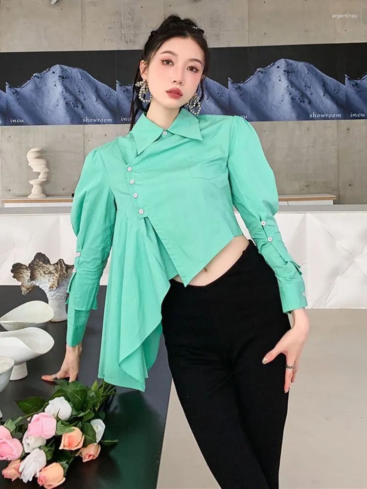 Blouses voor dames groen asymmetrisch ontwerp sense shirt voor vrouwen revers lange mouw slanke korte tops 2023 veer kleding m395