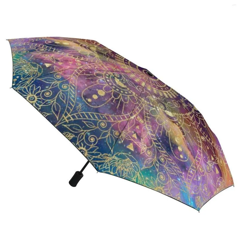 Umbrellas Gold Mandala Print 3 Fold Auto Umbrella Vintage Floral Black Coat UV Protection Ligthweight For Male Female