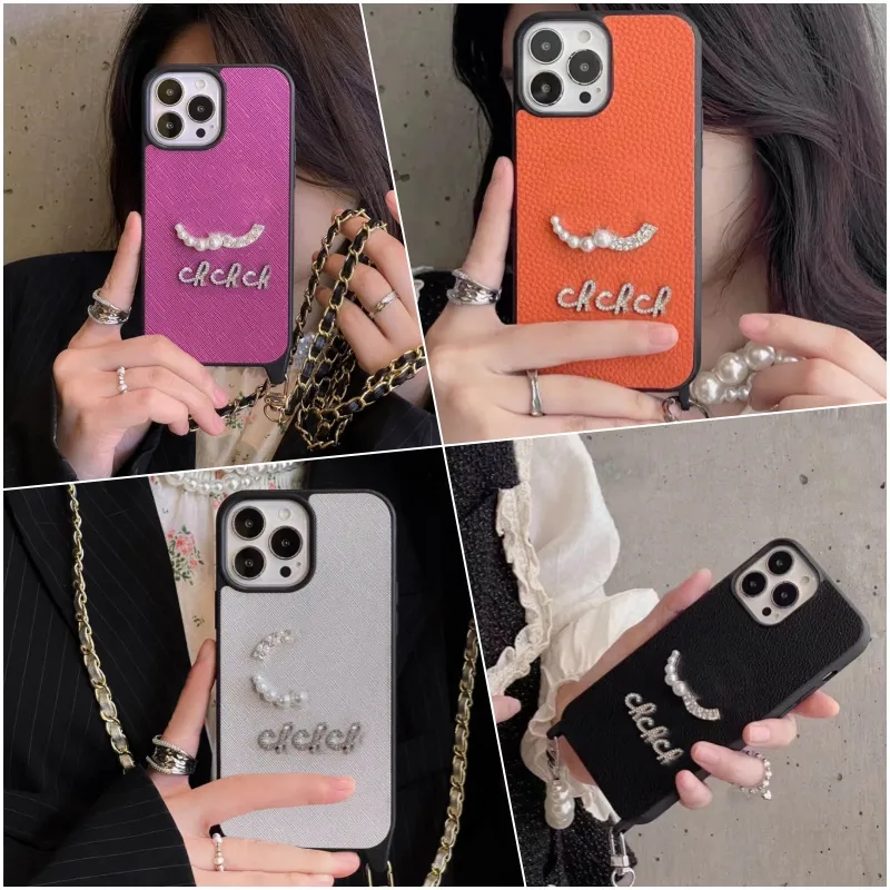 Casos de telefone de luxo leve Cadeia de couro Cross Body Pérola montada para maçã 13/12/14 Phones PROMAX CASE CASA DIRTE MENINAS CAPELA CELONO