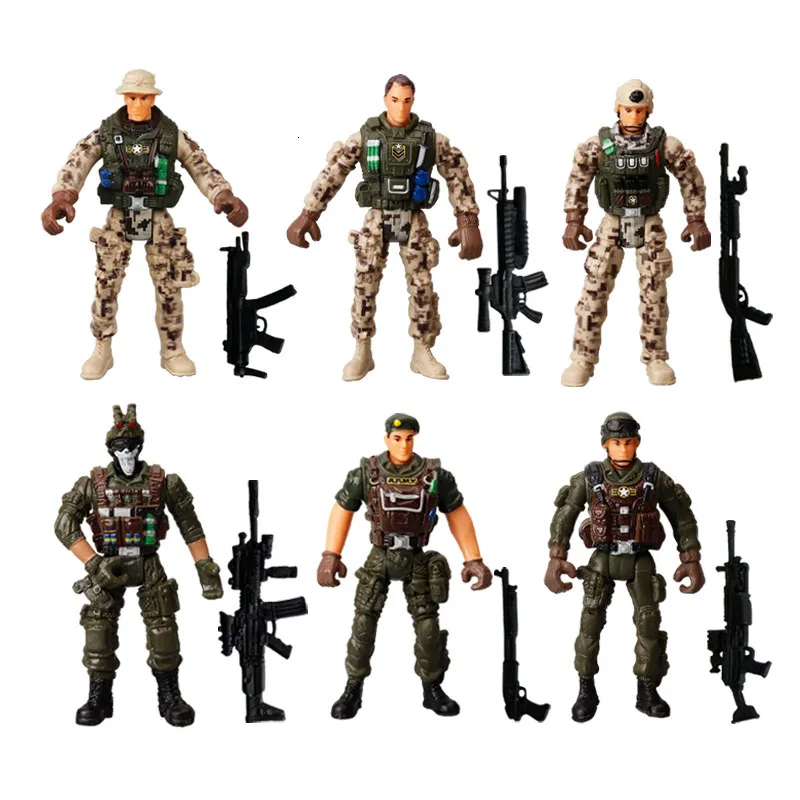 Militära figurer 6pcs Action Figure Army Soldiers Toy With Weapon Militära figurer Möjliga militära solider Playset Heroic Model for Boy Gifts 230814