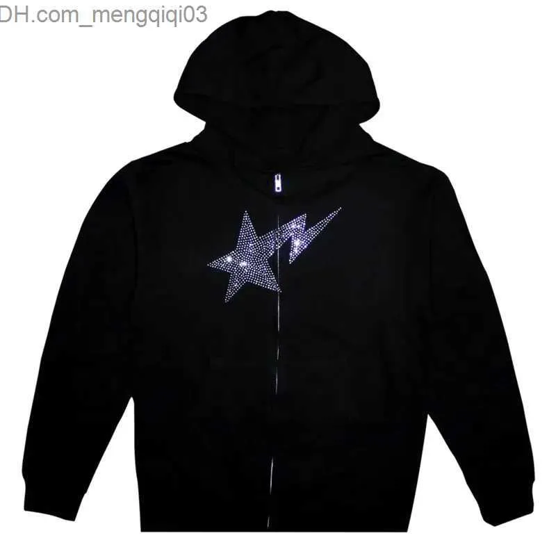 Erkek Hoodies Sweatshirtler Elmas Yıldızlar Baskı Y2K Zip Hoodie Amerikan Moda Punk Rahat Ceket Sıradan Gevşek Seks Ücretsiz Sokak Giyim Z230816