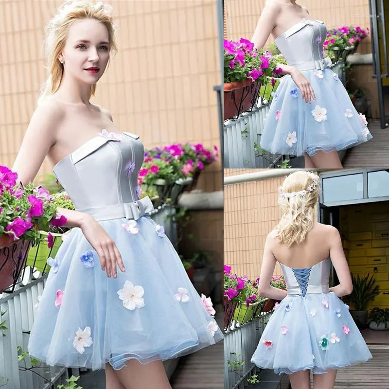 Party Dresses Light Blue Flower Homecoming Dress Strapless Lace Applique Tulle Ruffles Pleats Short Prom Formal Occasion Wear