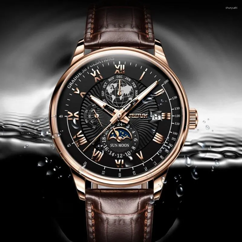 Zegarwatki JSDUN 2023 Business Men's Sport Mechanical Watch Moon Faza skórzana luksusowy automatyczny wodoodporny Montre Homme 8909